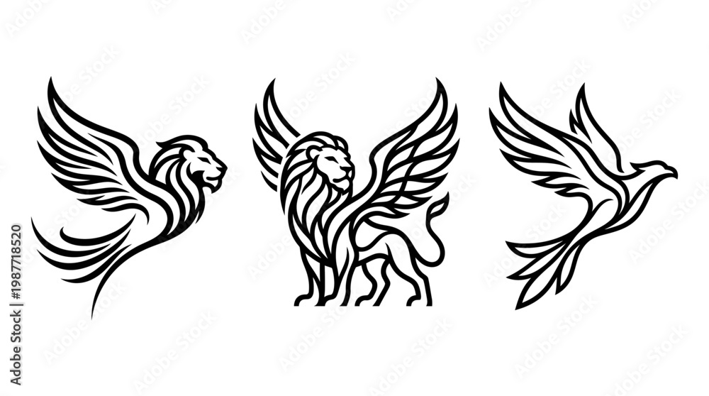Fototapeta premium Elegant Black and White Winged Lion and Bird Designs