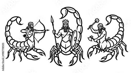 Ancient Mythological Scorpion Figures in Black and White