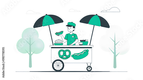 Colorful shopping cart filled with fresh fruits and vegetables under umbrellas Vector