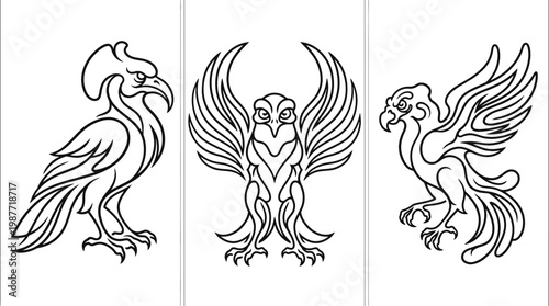 Abstract Line Art of Mythical Birds Set