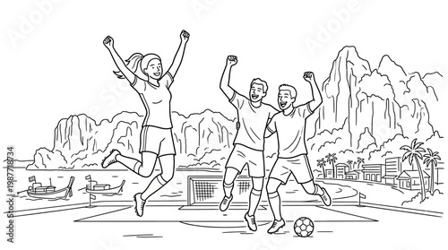 Soccer Players Celebrating Victory by the Beach
