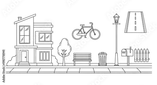 Minimalist line art illustration of neighborhood house and urban street icons