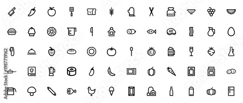 Food and Cooking icon set. Kitchen and restaurant vector icons. Includes symbols for knife, blender, stove, recipes, vegetables, fruits, meat, utensils and more. Editable stroke.