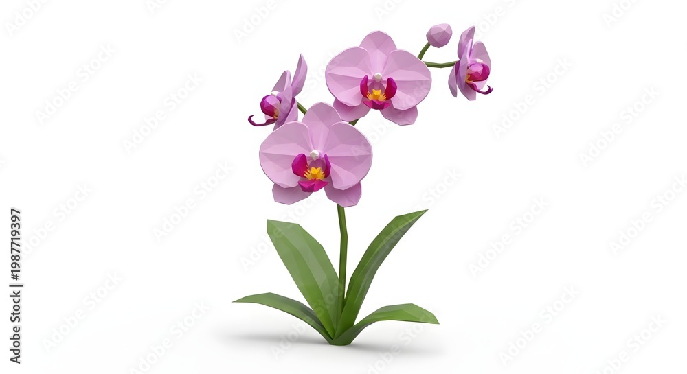 Fototapeta premium Low Poly Pink Orchid Flower Plant on White Background. Geometric Polygonal 3D Render of a Beautiful Phalaenopsis Orchid with Green Leaves.