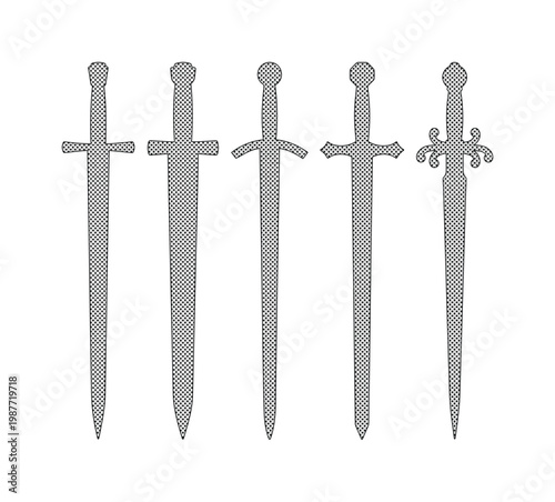 Fotografia Medieval sword silhouettes set, collection of 5 historical knight blades, grey s