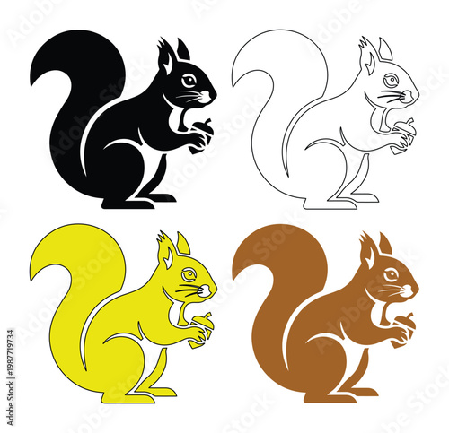 Squirrel silhouette vector icons set, minimalist forest animal graphics holding an acorn, black and brown squirrel illustrations for nature branding