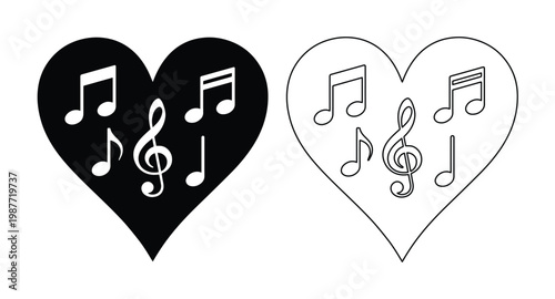 Musical heart vector icons, black and white heart shapes with music notes and treble clef, minimalist melody symbols for romantic song branding