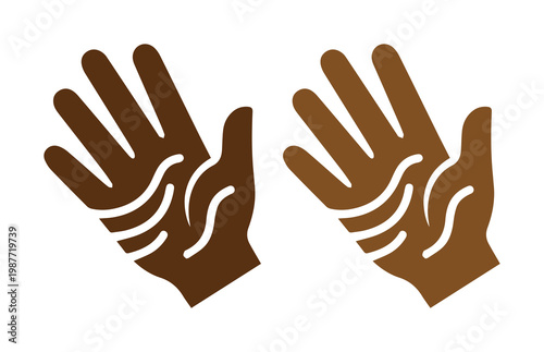 Palmistry hand icons with destiny lines, brown mystical palm reading symbols, spiritual divination vector set for occult and esoteric design