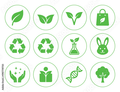 Eco friendly green icon set, 12 organic product labels and recycling symbols, sustainable packaging vector elements for natural cosmetics