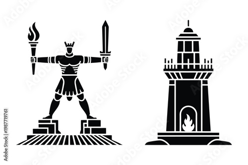 Colossus statue holding torch and sword, lighthouse with fire illustration