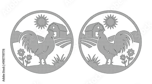 Rustic rooster farm logo set, vintage poultry barn silhouettes in circular frames, gray farmhouse landscape vector with sun and fields