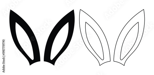 Minimalist bunny ears vector set, black silhouette and line art rabbit ear icons, simple Easter holiday graphic elements for DIY crafts