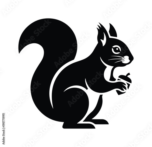 Minimalist squirrel silhouette vector, black forest animal icon holding an acorn, clean wildlife logo design for outdoors branding and nature signage