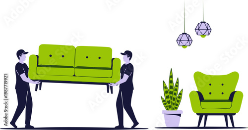 Two professional movers carry a modern green sofa across a room in this creative vector graphic.
