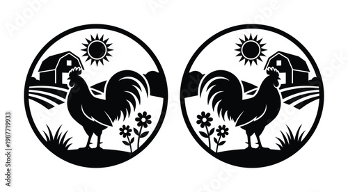 Vintage rooster farm logo silhouettes, rustic barn and sun landscape emblems, black and white poultry farm vector icons for organic food branding