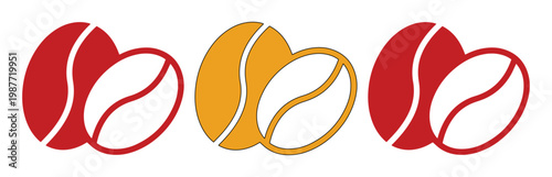 Minimalist coffee bean icons in red and gold, stylized roasted coffee bean vector set, flat graphic elements for cafe branding and menu design