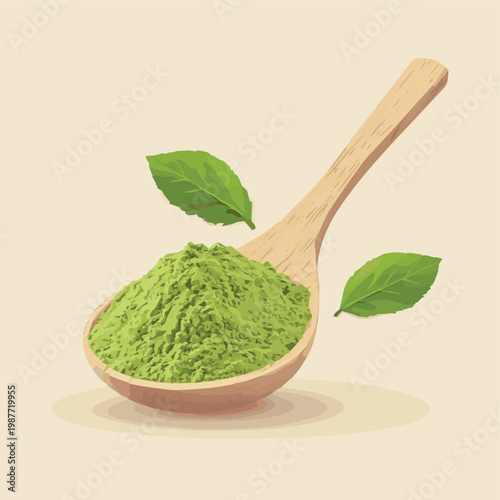 A wooden spoon filled with vibrant green matcha powder and fresh leaves, perfect for tea lovers and healthy recipes.