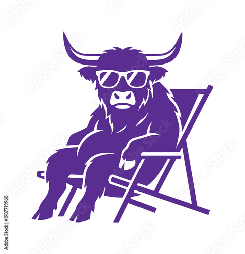 Purple highland cow vector illustration, funny hairy bull wearing sunglasses on beach chair, cool cattle mascot character for summer vacation apparel