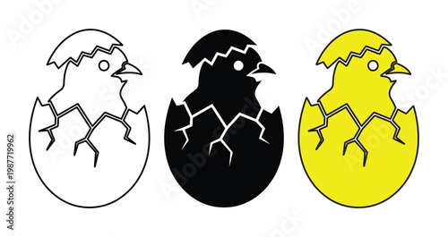 Minimalist baby chick hatching from egg vector set, cute yellow bird emerging from cracked shell, black and white line art icons for Easter
