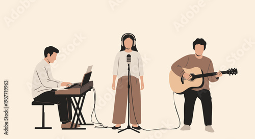 A diverse group of musicians performing together in a recording studio or live music session vector illustration.