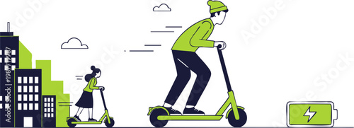 A man and woman riding electric scooters in a city illustration, emphasizing sustainable urban transport.