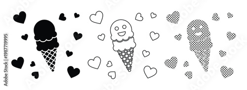 Minimalist ice cream cone vector set, black and white dessert icons with floating hearts, hand drawn doodle style summer treats for stickers