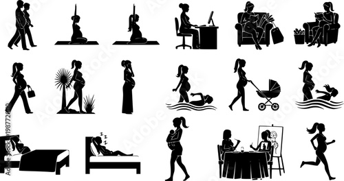 Collection of Silhouette Illustrations Depicting Pregnant Women Engaged in Various Daily Activities and Lifestyles.
