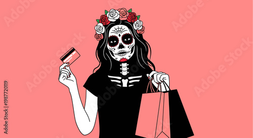 Day of the Dead Catrina Illustration Holding Shopping Bags and Credit Card