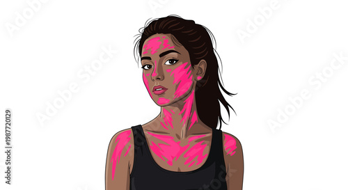 Young Woman with Pink Paint Smears Vector Illustration