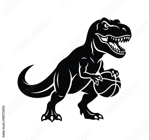 Aggressive Tyrannosaurus Rex basketball mascot vector, black and white T-Rex dinosaur sports logo, prehistoric predator playing basketball
