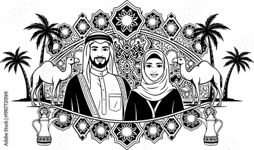 Traditional Arab couple in traditional clothing, surrounded by Islamic geometric patterns, camels, palm trees, and coffee pots.
