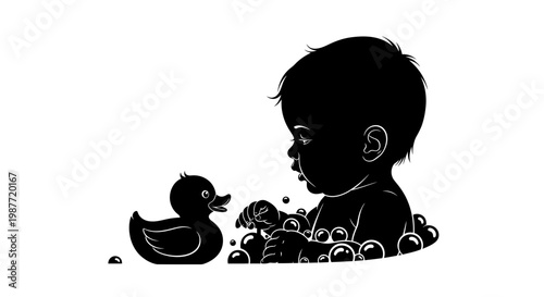 Baby Bath Time Silhouette with Rubber Duck and Bubbles