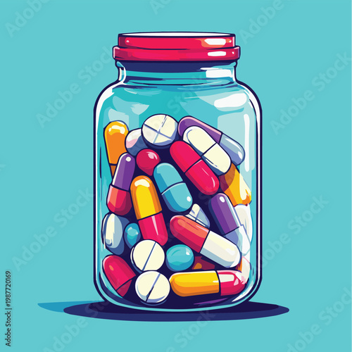 A colorful jar filled with various capsules and pills, showcasing the diversity of modern medicine.