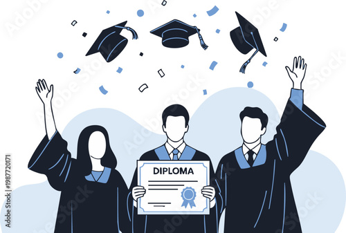 Three happy graduates are celebrating their academic achievement together, throwing caps and confetti into the air with joy.