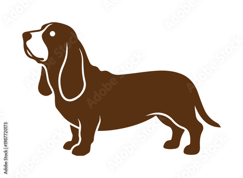 Basset Hound dog vector silhouette, brown canine profile illustration, standing purebred hound pet icon, minimalist animal logo graphic