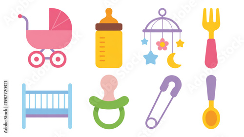 Collection of baby and toddler essentials icons for parenting and childcare Vector
