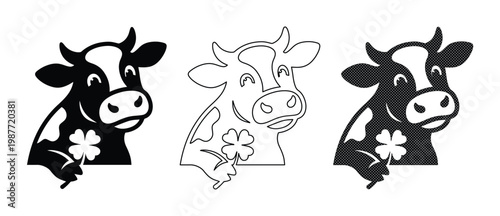 Cute cow head vector set with four leaf clover, smiling dairy cattle mascot icons, black and white farm animal illustrations for logo design