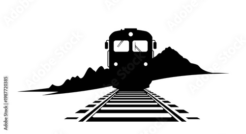 Front View Silhouette of Train on Railway Tracks with Mountains