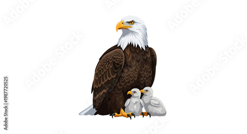 Bald Eagle Parent with Two Fluffy Chicks Vector Illustration