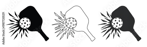 Pickleball paddle and ball icons, black and white sports equipment vector set, minimalist pickleball racket hitting ball with impact effect