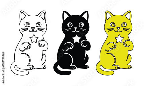 Maneki Neko lucky cat vector set, Japanese fortune cat icons in black white and yellow, cute kitten characters with star collar for business branding