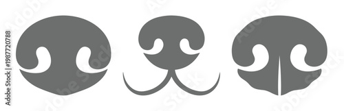 Minimalist animal nose vector icons, set of 3 grey dog and cat snout silhouettes, flat pet facial features for character design and logo creation