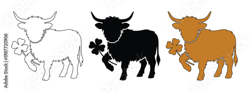 Highland cow vector set, Scottish cattle silhouettes with clover, farm animal icons for design
