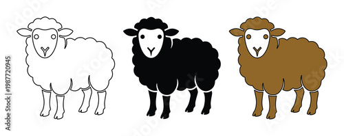 Cute sheep vector set, fluffy farm animal icons, black and white lamb illustrations