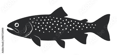 Vintage trout fish silhouette, black salmon vector icon, rustic spotted trout fishing graphic