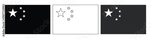 China flag vector set, black and white Chinese national flags, minimalist outline and solid icons