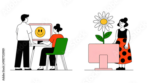 Two people collaborating over a laptop with a plant in the background Vector