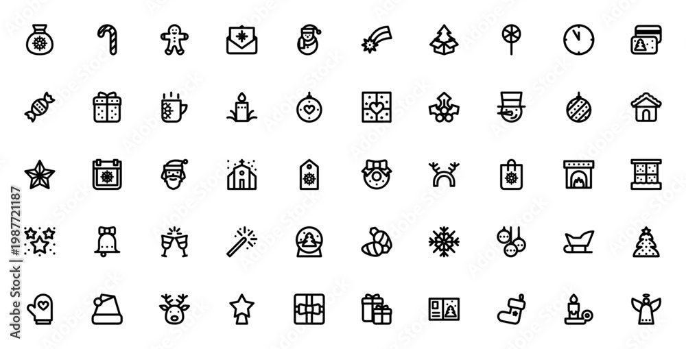 Naklejka premium Christmas icon set. Festive vector illustrations pack. Outline style icons including Santa, gifts, tree, snowman, candy cane, star and more. Holiday symbols collection.