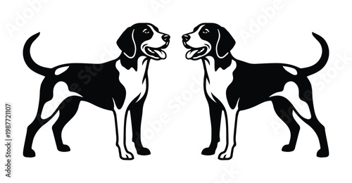 Beagle dog silhouette vector, hunting hound breed illustration, black and white pet logo design
