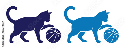 Minimalist cat basketball logo, feline sports mascot silhouettes, blue kitten playing with ball